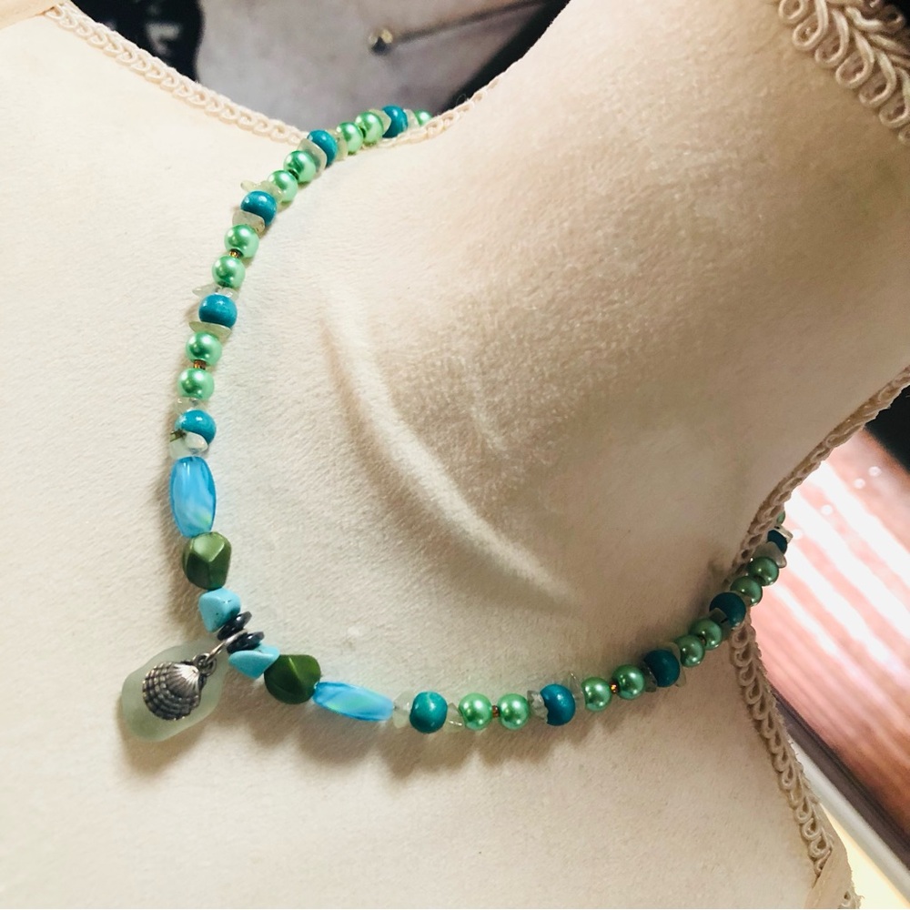 Handcrafted repurpose sea glass pendant Czech glass Pearl necklace